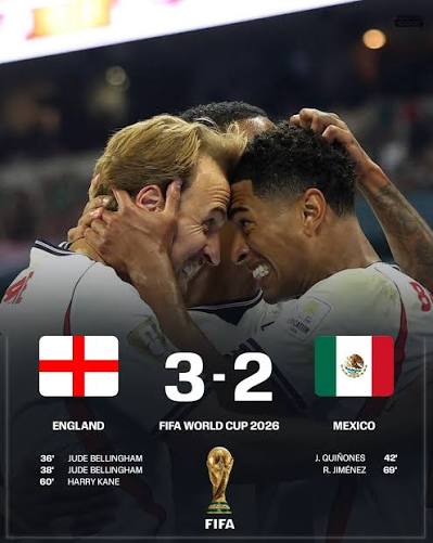 tryCHRONO's tweet photo. England survives a late scare from tournament co-hosts Mexico at Estadio Azteca, escaping the Round of 16 with a 3-2 thriller. The Three Lions march on to the quarterfinals.

#ENGvMEX #WorldCup2026

Read more: https://t.co/R41nRW5Ao3 https://t.co/sepplIBN65
