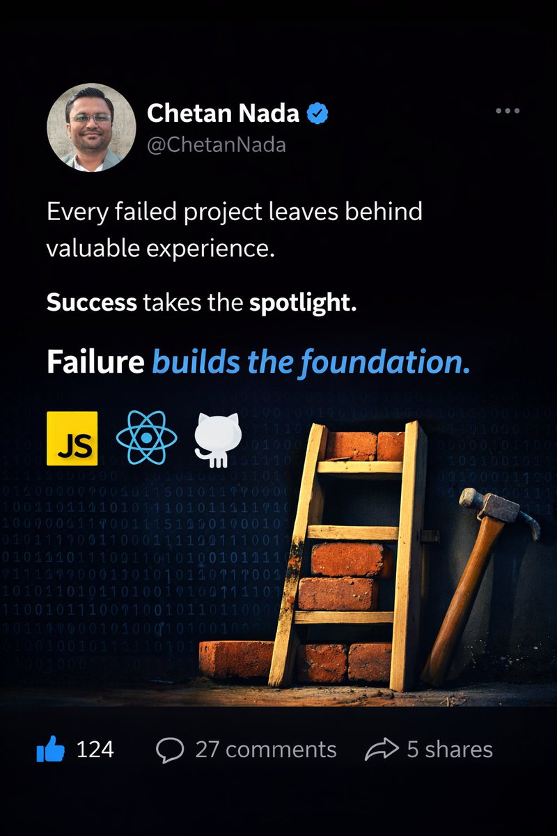ChetanNada's tweet photo. Every failed project leaves behind valuable experience. 
Success takes the spotlight.
Failure builds the foundation.

#SoftwareDevelopment #CodingLife #DeveloperMindset #TechJourney #BuildInPublic #FailureToSuccess #LearningByDoing #ReactJS #JavaScript https://t.co/aZQma5zIHN