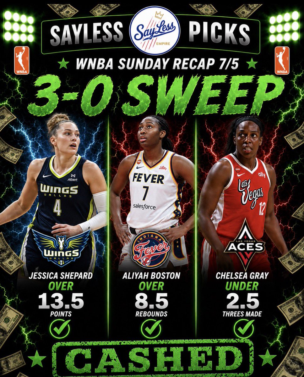 sayy_les's tweet photo. 🎇 WNBA Sunday Recap 7/5

✅Jessica Shepard Over 13.5 Points

✅Chelsea Gray Under 1.5 Threes Made

✅Aliyah Boston Over 8.5 Rebounds

3-0 SWEEP 🧹 📈🔥 https://t.co/gcmbBEo7oZ