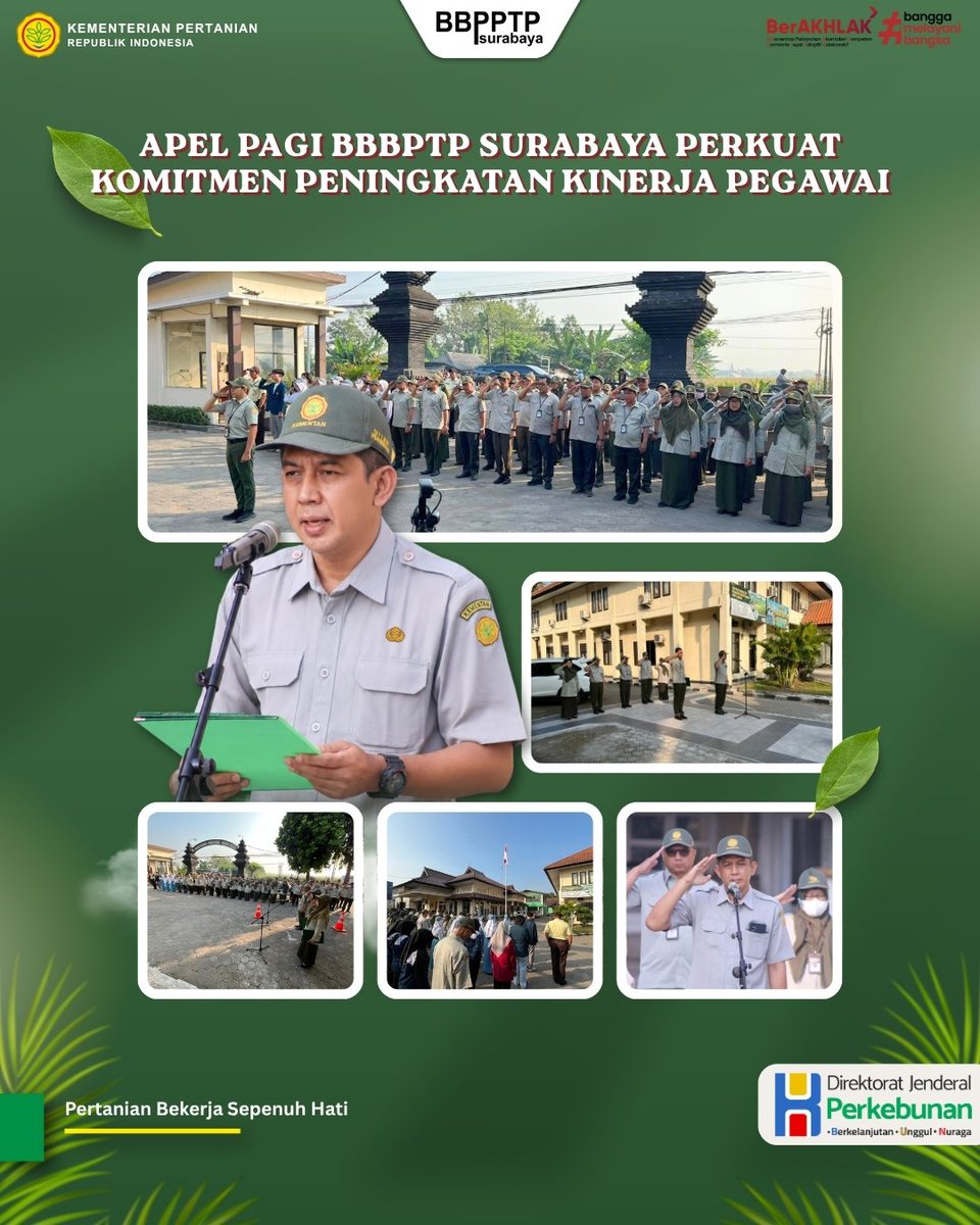Humas_bbpptpsby's tweet photo. Apel Pagi BBBPTP Surabaya Perkuat Komitmen Peningkatan Kinerja Pegawai

Surabaya, 6 Juli 2026 – Balai Besar Perbenihan dan Pelindungan Tanaman Perkebunan (BBBPTP) Surabaya melaksanakan apel pagi di halaman kantor BBBPTP Surabaya, Senin 6 Juli 2026 Kegiatan yang dipimpin oleh https://t.co/jnnE2INnZr