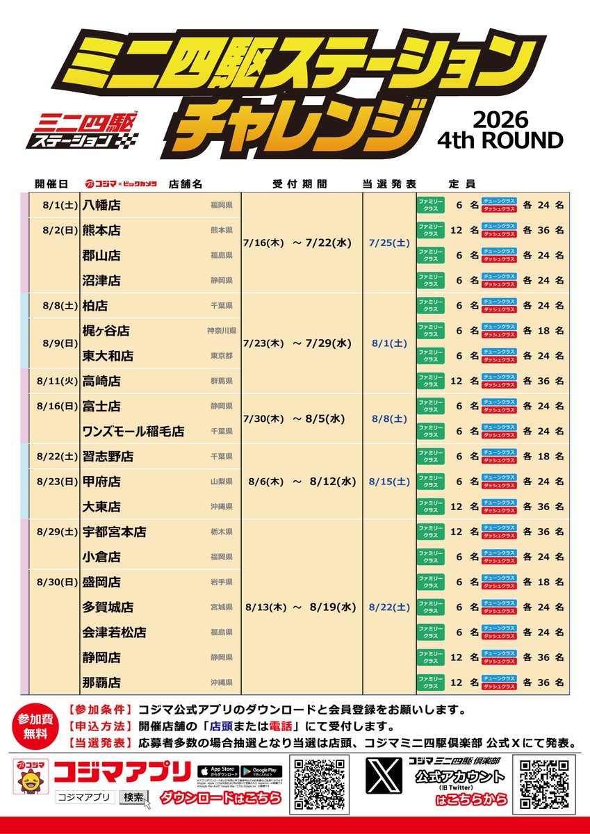 kojimamini4wd's tweet photo. 🏁大会のお知らせ🏁
ミニ四駆レース「ステチャレ2026 4thRound」が
コジマ20店舗で開催決定‼参加費無料😊

大会の雰囲気を味わう小学生以下向けファミリークラスも同時開催‼受付期間は⏬を確認👀

みんなでミニ四駆を楽しもう👍

#コジマでミニ四駆 #コジマでステチャレ 
#mini4wd #ミニ四駆 https://t.co/HuquCIAUfP