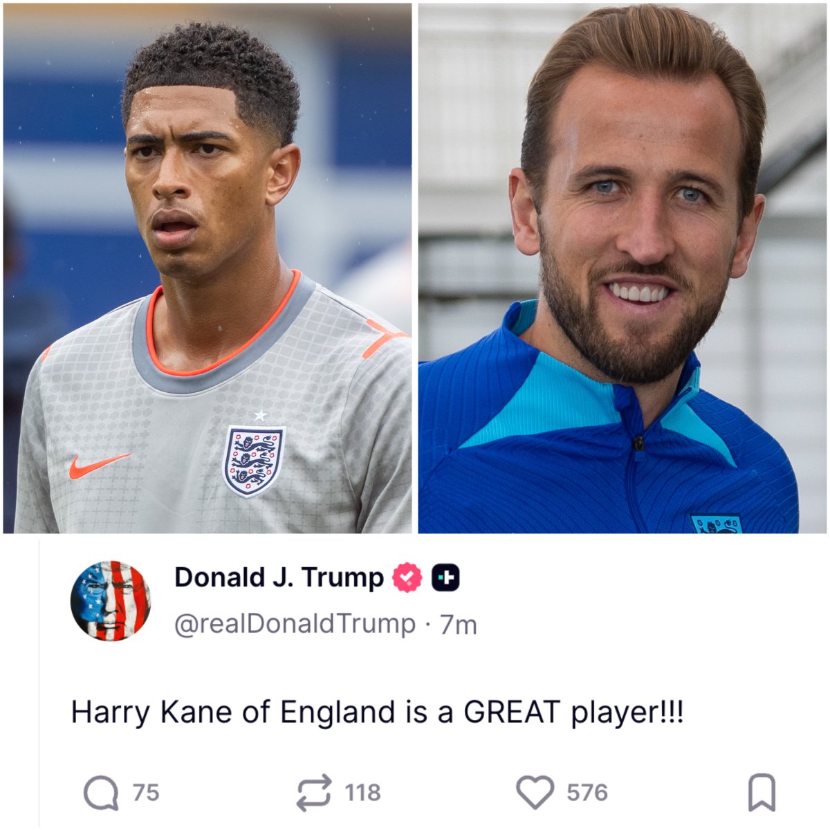 RyanRozbiani's tweet photo. Jude Bellingham Scored TWO GOALS in 2 Minutes, BUT Trump Praises Harry Kane

Can you guess why?

Kane did score the Penalty https://t.co/EPbUDzWNrf