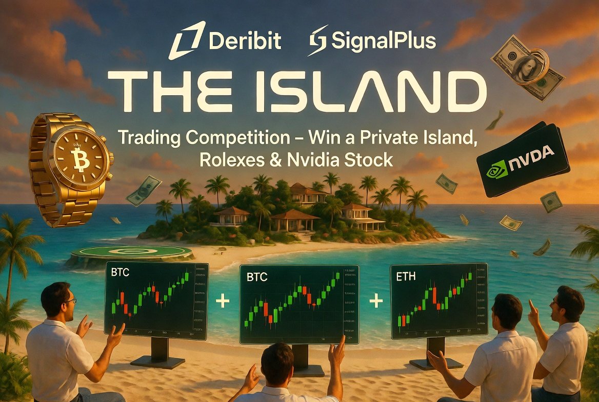 nabhanxc's tweet photo. Coinbase buying Deribit for $2.9B last year is officially leading to the wildest marketing stunt of the cycle.

Deribit and SignalPlus just launched "The Island" trading competition starting today (July 6). A literal, actual private island, plus Rolexes and Nvidia stock. https://t.co/3IloXuILTz