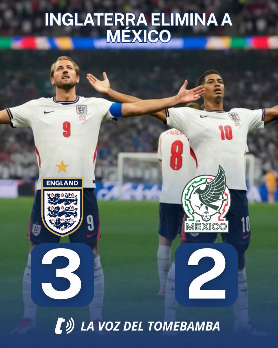 tomebamba's tweet photo. 🏴󠁧󠁢󠁥󠁮󠁧󠁿¡Inglaterra está en los cuartos de final! La selección inglesa derrotó 3-2 a México en un auténtico partidazo. Jude Bellingham fue la gran figura del encuentro con un doblete, mientras que Harry Kane aportó el otro tanto para sellar la clasificación. Por el lado del Tri, Julián Quiñones y Raúl Jiménez marcaron, pero no alcanzó para evitar la eliminación.

Ahora, Inglaterra se enfrentará a Noruega en los cuartos de final, en un duelo que promete grandes emociones. ¿Podrán Bellingham y Kane guiar a los ingleses a las semifinales o será Haaland quien imponga su ley con los noruegos?