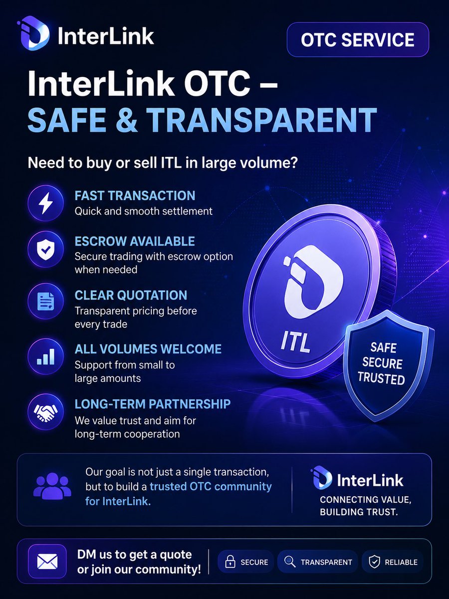 interlink_otc's tweet photo. 🔹 InterLink OTC – Safe & Transparent Buying and Selling

If you need to buy or sell large quantities of ITL:

✅ Fast transactions
✅ Escrow available if needed
✅ Clear pricing before trading
✅ Support for small to large quantities
✅ Priority for long-term partnerships

Our goal is not just a transaction, but to build a reputable OTC community for InterLink.

📩 Inbox to receive a quote or join the group.