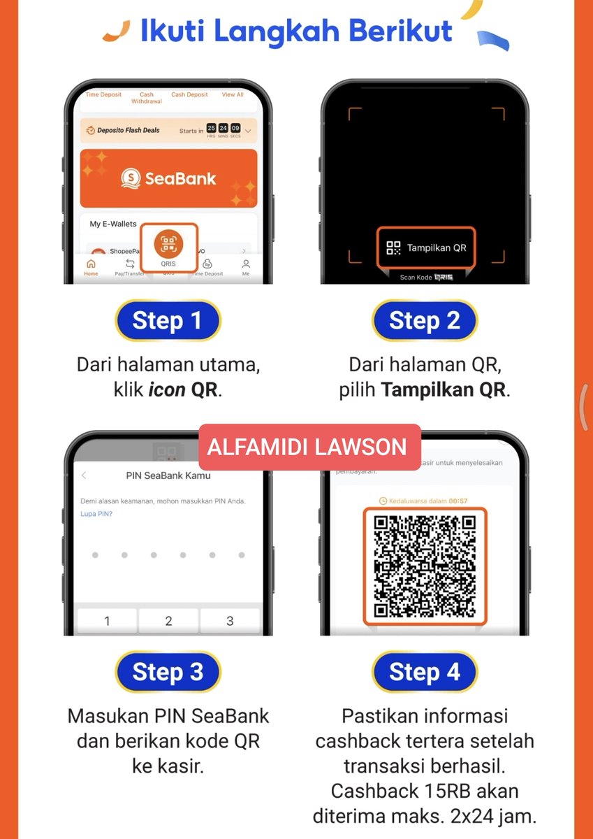 kimmyexp's tweet photo. bahasss promoan offline hut seabank gess (ku jelasin satu satu serbaserbiny)

🗓️7-11 Juli
📍semua transaksi di app Seabank

✅point coffe & tissue 5RB = QR kita yg discan kasir (wajib blg mau promo seabank 5RB)

✅family mart cashback 15RB = kita yg SCAN QR mereka
(wajib/better minta QR dari shopeepay) *ada keterangan shopeepay kaya yg di pict ku cantumin

✅ Alfamidi & Lawson = QR kita yg discan kasir
*bilang aja
"mau payment pake QR tampil/pake shopeepay kak"  nanti kita bikin QR dri app seabank wajib✅

📍Famima, lawson, Alfamidi minbel 20RB 
⏱️start 00:00 harusnya

📍 point Coffee & tissue IDM gaada kuota 
📍famima = 43.433 transaksi 
Alfamidi= 40.000 transaksi 
lawson = 16.667 transaksi