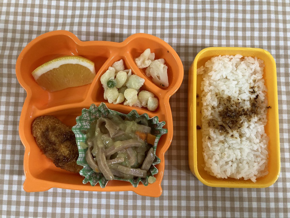 azabukg's tweet photo. 今日の弁当給食（７月６日）
おかかごはん
ロールキャベツのカレークリームソース
マカロニサラダ
白身魚フライ
花野菜のソテー
河内晩柑 https://t.co/41gnTEB4BA