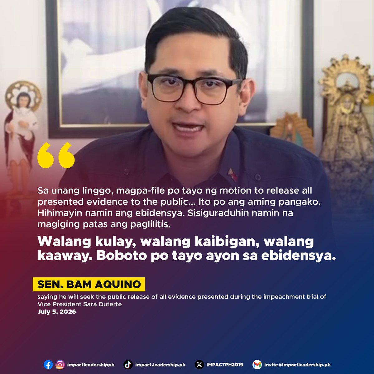 iMPACTPH2019's tweet photo. BAM SEEKS PUBLIC RELEASE OF ALL EVIDENCE IN VP IMPEACHMENT TRIAL

Sen. Bam Aquino said he will seek the public release of all evidence presented during the impeachment trial of Vice President Sara Duterte.

https://t.co/SFUJr4VOlL https://t.co/4SAjOggG1q