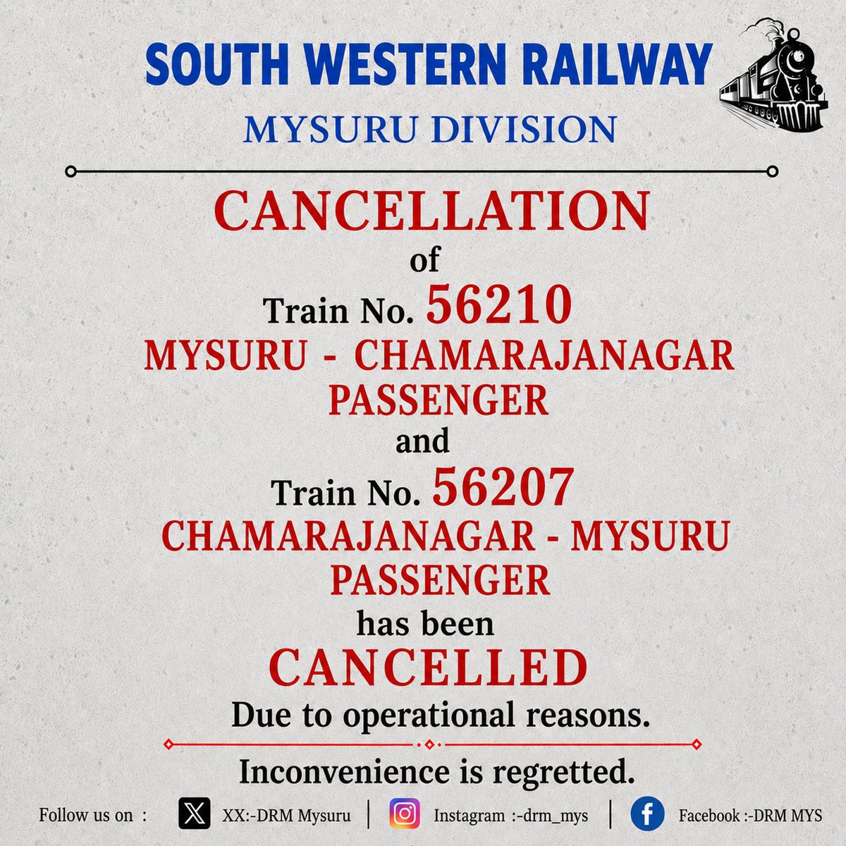 DrmMys's tweet photo. Passengers kindly note:
#SWRUpdates
#Chamarajanagar 
On date-06.07.2026 https://t.co/UJalEXjSJB