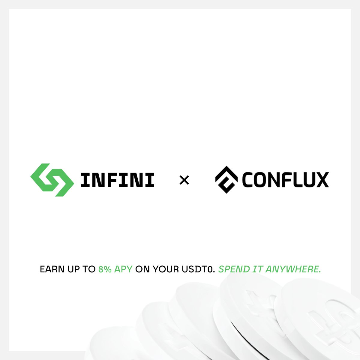 0xinfini's tweet photo. 🎁 Giveaway inside. Earn up to 8% APY on your USDT0, and spend it anywhere. Now live.

Infini now supports USDT0 deposits from @Conflux_Network.

• Hold it in Earn a current reference APY of up to 8%, credited daily

• Spend with Infini Card across in-store checkout and online subscriptions

Earn while you spend. Your balance continues to earn yield until you spend.

Why USDT0 on Conflux:

• ~0.5s blocks and 15,000+ TPS, so transfers and payments settle quickly

• Conflux 3.0 is built for high-frequency settlement and real-time payments

• USDT0 runs on the LayerZero OFT standard, designed to reduce legacy bridge risk, targeting a $1 peg

Like, repost & reply to enter. 4 winners drawn in 48 hours for Conflux x Infini merch.

Disclaimer: Infini provides technology services. Financial services are offered through licensed partners. Availability may vary by region. This content does not constitute any commitment or investment advice.