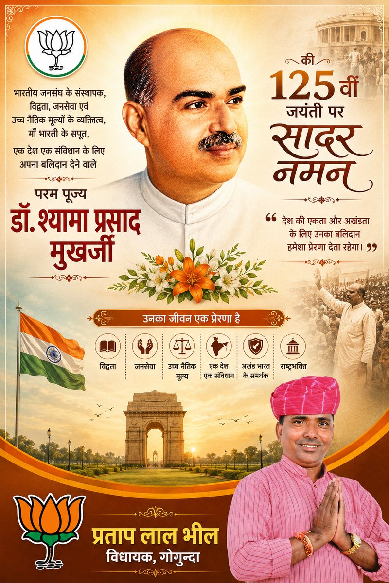 prataplalbjp's tweet photo. भारतीय जनसंघ के संस्थापक, विद्वता,जनसेवा एवं उच्च नैतिक मूल्यों के व्यक्तित्व, माँ भारती के सपूत, एक देश एक संविधान के लिए अपना बलिदान देने परम पूज्य डॉ. श्यामा प्रसाद मुखर्जी की 125वीं जयंती पर सादर नमन । https://t.co/xK7wjZW1DD