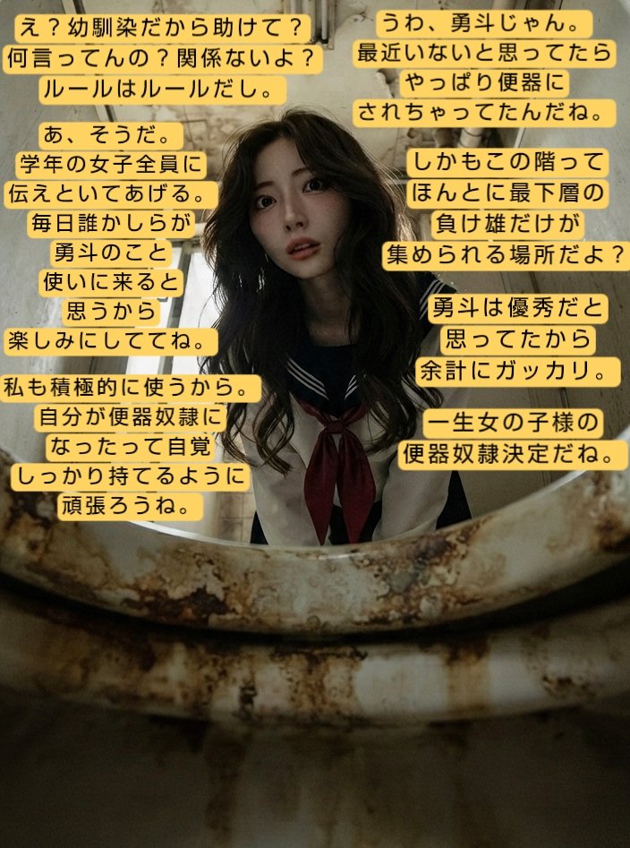 kapudoken's tweet photo. 【リクエスト作品】

負け雄は淘汰される世界……

便器になった勇斗のもとに幼馴染がやってきて…… https://t.co/lpb3GrJfh2