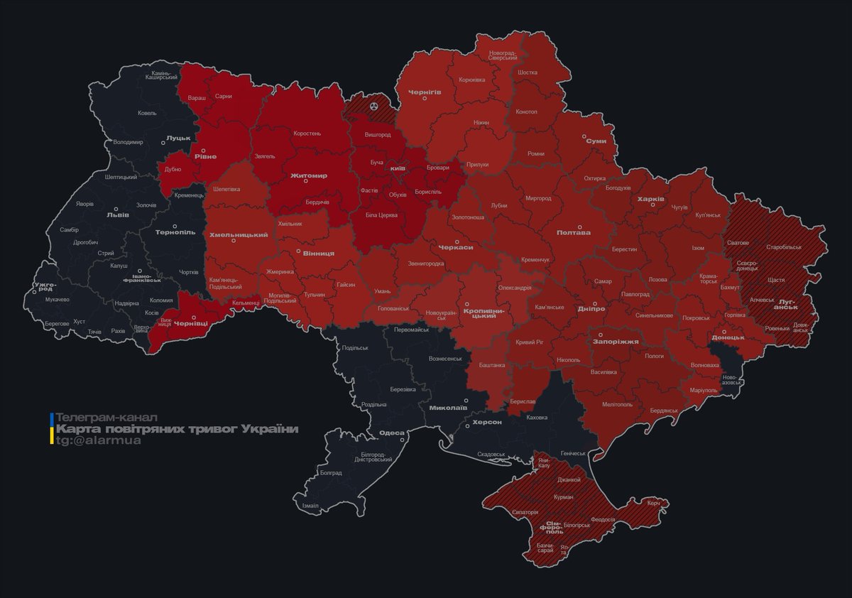 mhmck's tweet photo. Russian terrorists are attacking civilians in Kyiv with ballistic missiles. Most of Ukraine is under threat from strike UAVs.

map of Ukraine's region in a state of alert: https://t.co/wV0Z3ivitF