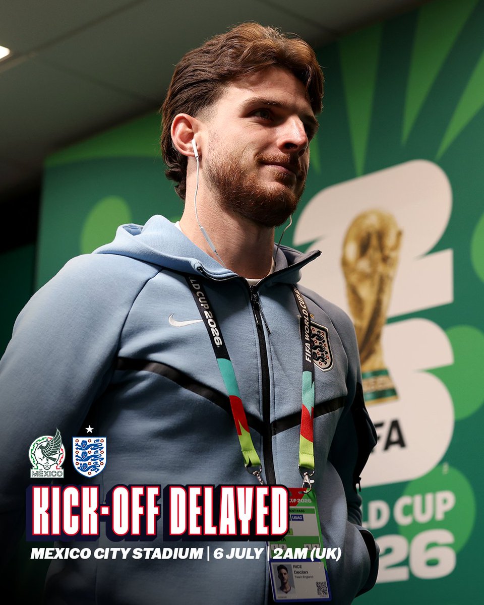 England's tweet photo. FIFA have confirmed that our Round of 16 tie against Mexico has been delayed until 2am (UK) due to adverse weather conditions in Mexico City. https://t.co/YzOLpJZvRG