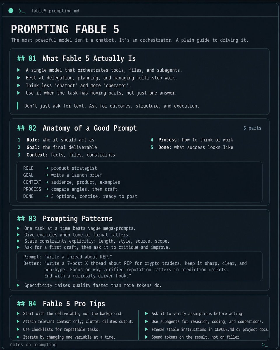 kingwilliam_'s tweet photo. SOMEONE MAKING $50K A MONTH WITH FABLE 5 LEAKED THE ONE-PAGE CHEATSHEET ANTHROPIC BURIED IN THEIR OWN DOCS

4 effort levels, 50+ subagents, 1 orchestrator - the entire prompting system for the most powerful model on earth, on a single screen

the barbell that decides if it pays: Fable plans 10%, cheap agents run 80%, Fable verifies 10%

a whole team's output for a fraction of the tokens

tell it the why, keep the prompt short, and cap it with a stop rule

this isn't prompting, it's a machine that builds while you sleep

your old Opus 4.8 prompts actively make it worse, and Anthropic hid the fix deep in the docs

people sell $500 courses on this - you get the whole thing free in the article below