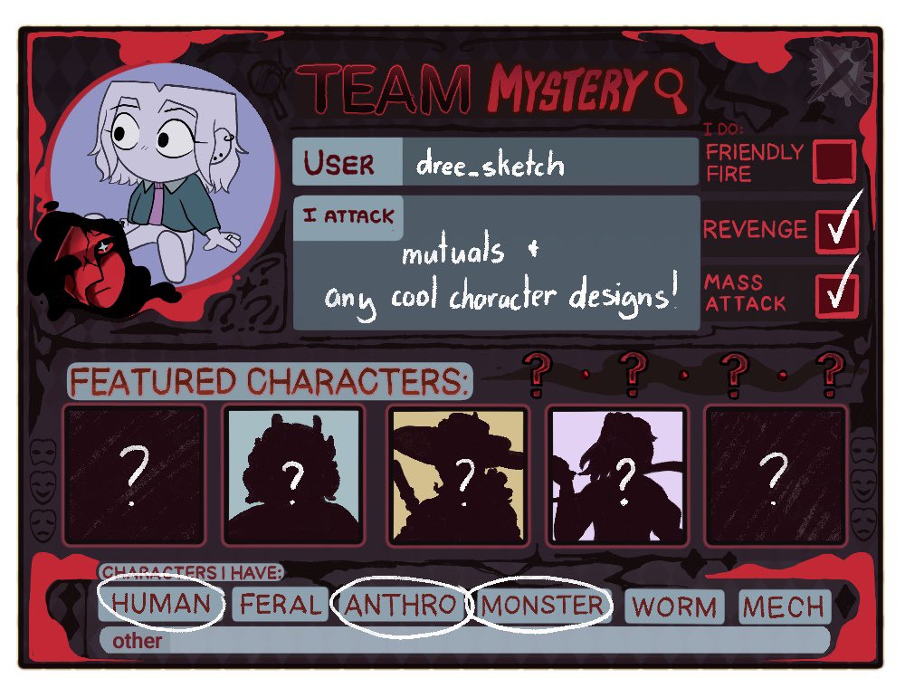 dreesketch's tweet photo. a bit late, but I’ve decided to participate in Art Fight this year! Team Comedy and Team Mystery…prepare for revenge #artfight2026 https://t.co/BUYE5HUL5J