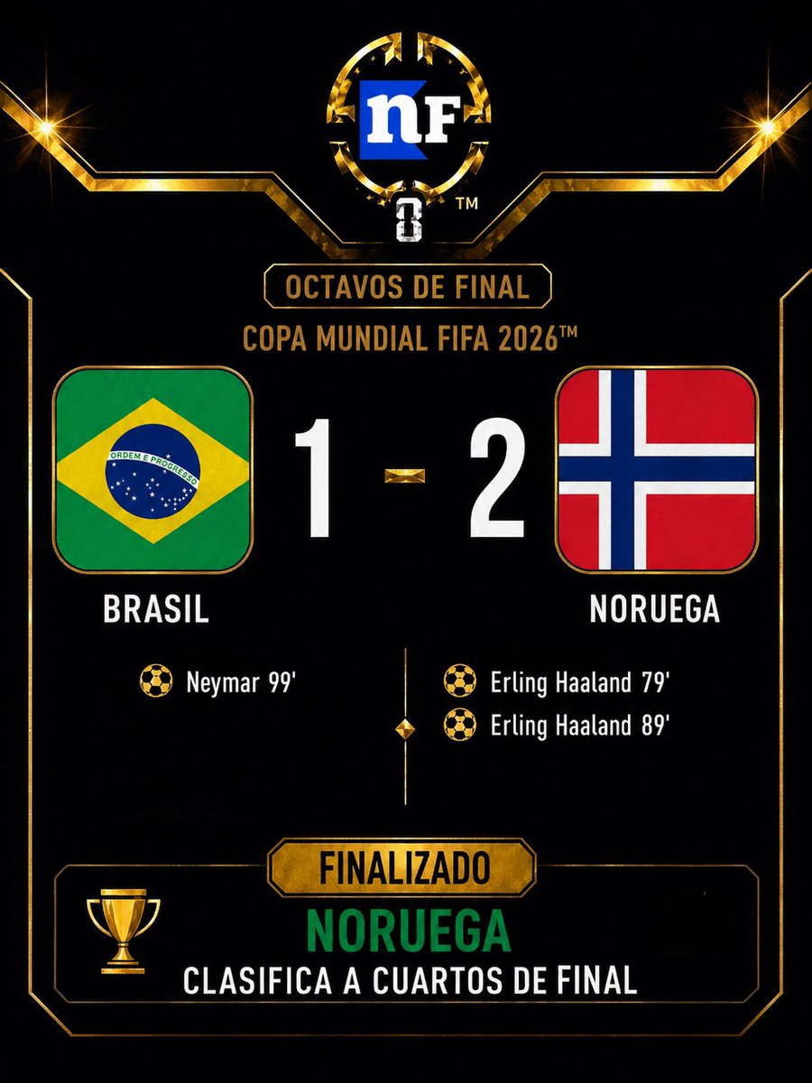NetamenteFutbol's tweet photo. #Mundial2026
HAALAND MANDA EMBORA A BRASIL DE VOLTA A SUA TERRA!!
Con un doblete del DEPREDADOR DEL GOL, Noruega 🇳🇴 le gano a Brasil 🇧🇷  2-1 y lo dejó fuera del #Mundial2026 Bruno Guimarães erro un penal.
Goles ⚽️
1-0 Erling Haaland 🇳🇴 
2-0 Erling Haaland 🇳🇴 
2-1 Neymar Jr 🇧🇷 https://t.co/BlBovHKL3L