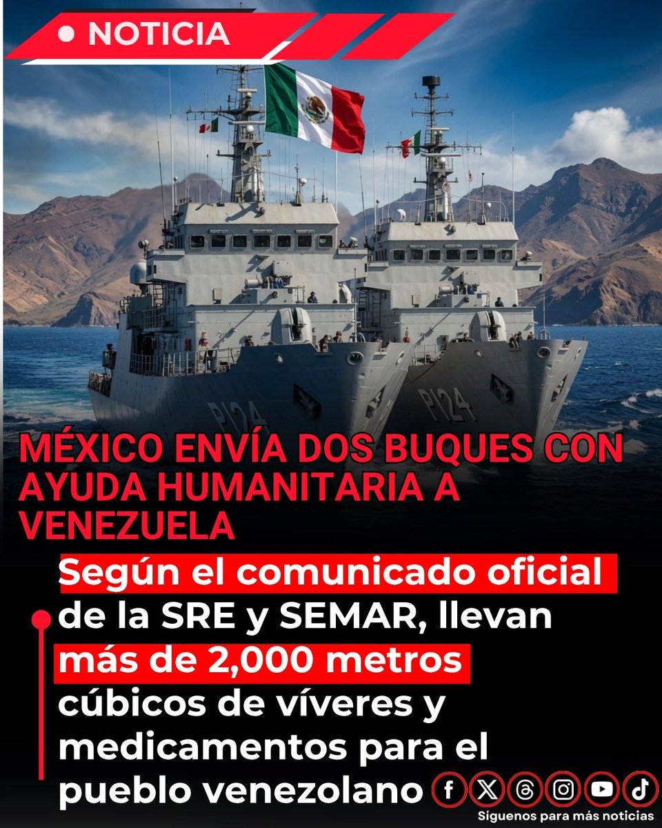 EnsedeCiencia's tweet photo. 🚨| Ayuda en camino: Buques de la Armada de México zarpan rumbo a Venezuela
Dos buques de la Armada de México zarparon hoy rumbo a Venezuela con ayuda humanitaria.

Los buques Isla Holbox y Huasteco partieron del puerto de Veracruz con aproximadamente 2,003 metros cúbicos de ayuda, que incluye víveres, medicamentos e insumos médicos.

Esto fue informado oficialmente por la Secretaría de Relaciones Exteriores y la Secretaría de Marina, en cumplimiento a la instrucción de la Presidenta Claudia Sheinbaum.