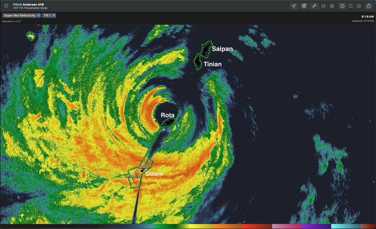 WeatherSources's tweet photo. Radar out of Guam shows calm eye of Super Typhoon BAVI directly over Rota 916am Monday 6July2026 as moves through Mariana Islands. The calm will end shortly as back side starts soon. (Note: gap in radar coverage over Tinian and Saipan) https://t.co/YV9ThbIsfl