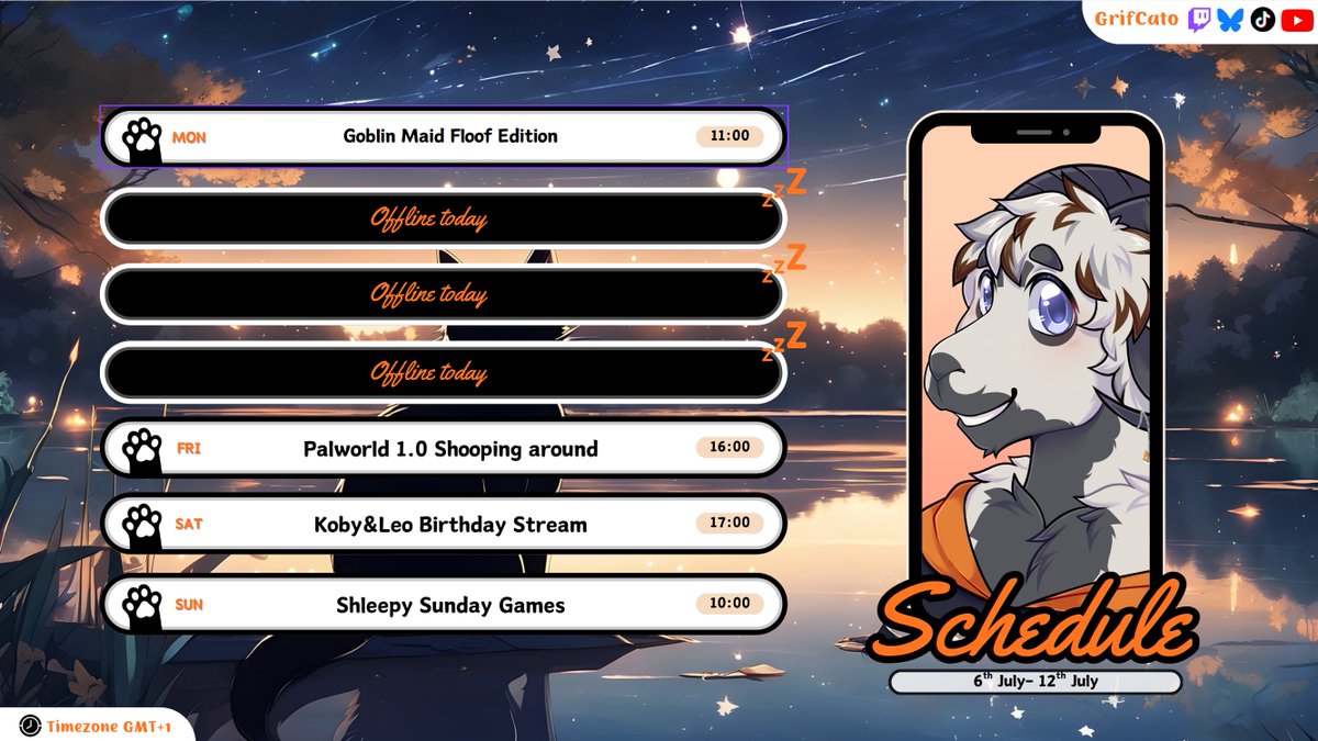GrifCato's tweet photo. Stream Schedule for this week👀🐏
Monday: More Floofy Goblin Maid
Friday: Palworld 1.0 collecting all the sheep!
Saturday: No Shpoops this week is the kitties birthday stream! Cat Games &amp; Cat Cams
Sunday: Shleepy Sunday chill Stream
#Vtuber #VtuberEN #SheepTuber #schedule https://t.co/LAMyufDEnj