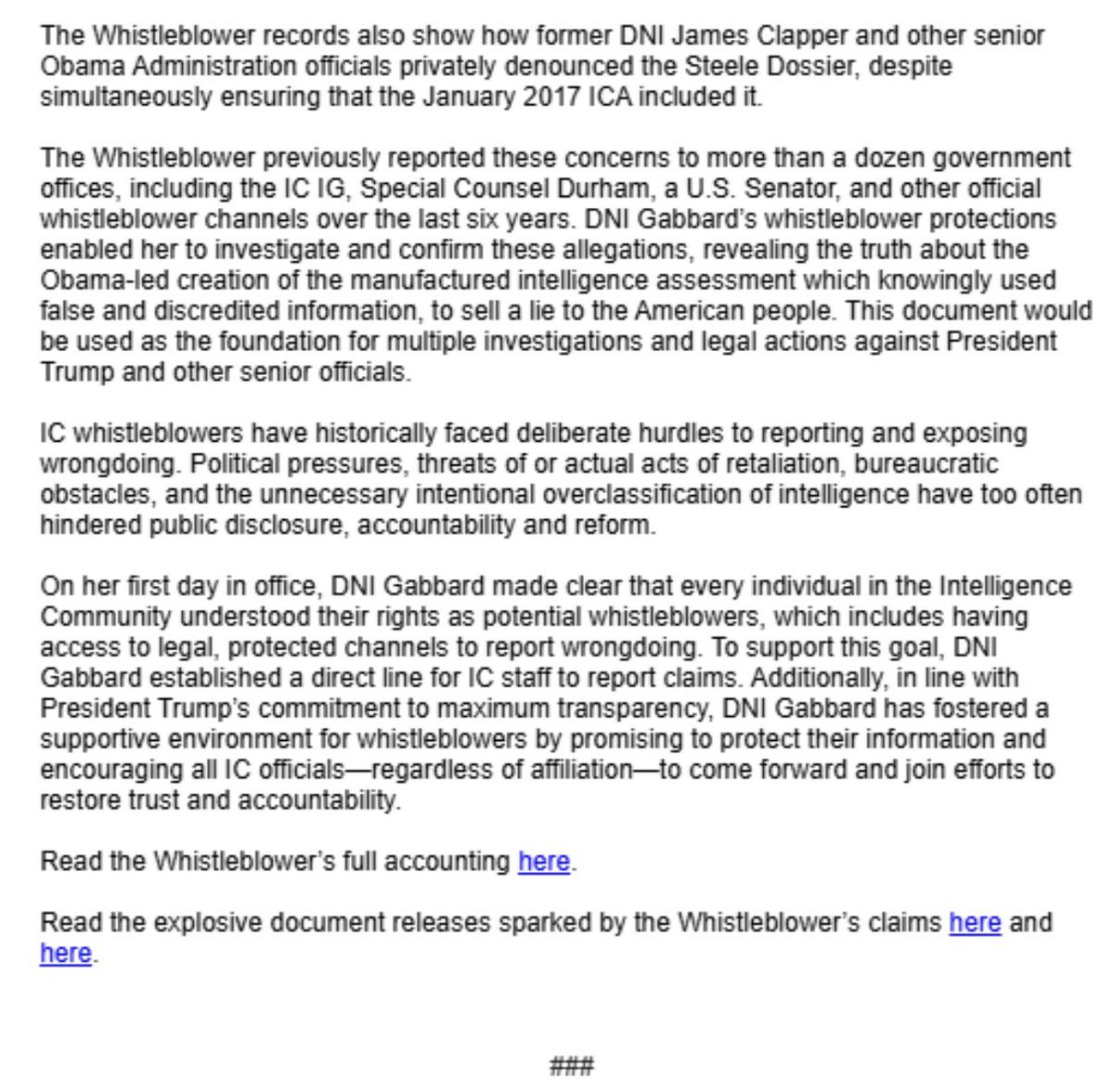 Real_RobN's tweet photo. Barack Hussein Obama weaponized the most powerful intelligence agencies on the planet to overthrow the United States government.

In other words: he manufactured intelligence. He falsified intelligence. He fabricated intelligence—not only to topple the United States government in 2016, but also to overthrow the duly elected President of the United States, Donald J. Trump, in 2017.

DNI Tulsi Gabbard — “Intelligence whistleblowers testimony confirms how they were threatened by a supervisor to go along with the Obama-directed Russia hoax “intelligence” assessment, even though they knew it was not credible or accurate. The whistleblower refused.

The whistleblower’s firsthand account of what happened in the crafting of the January 2017 ICA, their yearslong efforts to expose the egregious manipulation and manufacturing of intelligence carried out at the highest levels of government and the IC (detailed in our previous releases), and how they were repeatedly ignored.

Thank you to this courageous whistleblower, and others who are coming forward now, putting their own well-being on the line to defend our democratic republic, ensure the American people know the truth, and hold those responsible accountable.”

🚨🚨Read the Whistleblower's explosive story (with emails) here: https://t.co/iGcEMQPf9V…