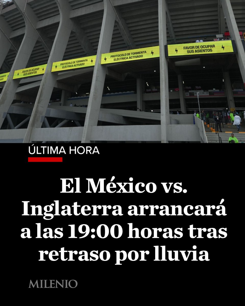 Milenio's tweet photo. 🚨⛈️⚽ #ÚLTIMAHORA | El partido entre la Selección Mexicana e Inglaterra fue pospuesto una hora debido a la intensa lluvia y al riesgo de tormenta eléctrica en el Estadio CdMx.

El encuentro, originalmente programado para las 18:00 horas, ahora está previsto para iniciar a las 19:00 horas de este domingo 5 julio, siempre y cuando las condiciones climatológicas lo permitan. Ambos equipos ya se encuentran en el inmueble, donde la lluvia no ha dado tregua desde hace varias horas.

No es la primera vez que el clima altera el calendario del Mundial 2026 en la capital: el duelo entre México y Ecuador también sufrió un retraso por las mismas condiciones.

📷 Selección Nacional vía X

#MilenioInforma #MILENIONoticias #SelecciónMexicana #Mundial2026