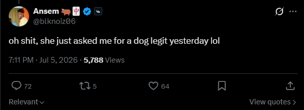 soarthumbn's tweet photo. but the dog is for his girlfriend sit should literally be called "Alycia's Dog" https://t.co/lopwDXkQ0R