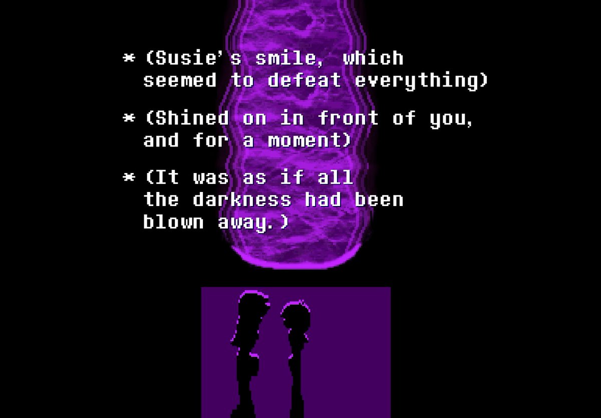 elytam_'s tweet photo. #krusie #deltarunespoilers
crying again cause Kris thinks Susie's smile blows away the darkness and holds onto her words to play piano again and thinks about her first thing in the morning and- https://t.co/ABXFnGYUhp