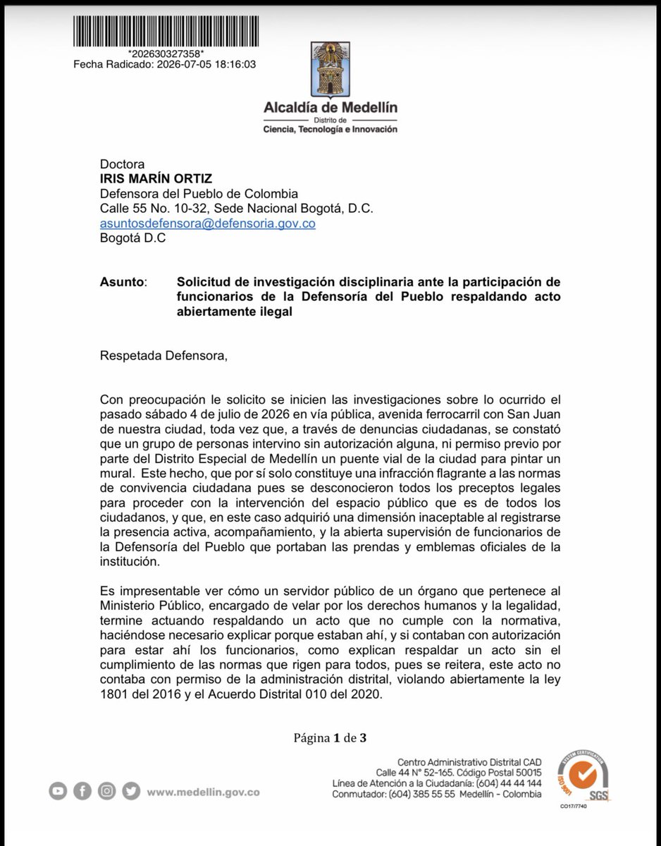 FicoGutierrez's tweet photo. Carta abierta a la Dra Iris Marín Ortiz, Defensora del pueblo. 
Asunto: solicitud de investigación a funcionarios de su entidad que participaron de una actividad ilegal y además por fuera de sus competencias, ayer en la ciudad de Medellín. https://t.co/jx3YzxJTWf