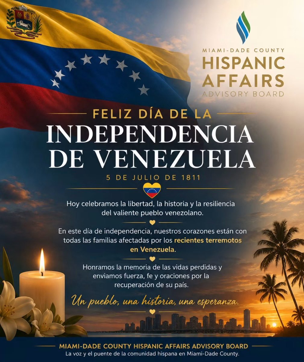 hispanicmdc's tweet photo. @hispanicmdc honors Venezuela’s Independence Day and stands with the #Venezuelan community in @MiamiDadeCounty. As #Venezuela mourns the lives lost in the recent earthquake, we extend our prayers, support, and solidarity. Happy Independence Day, Venezuela. 🇻🇪 @AdvocacyMDC https://t.co/8wEcuMH00l