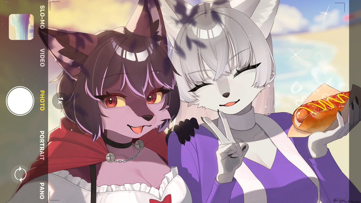 KitsyKitsune_VT's tweet photo. Elaine and her Sister Lyca are taking a picture together in front of the Great Land Lake of Uriel formerly known as Lake Michigan. Elaine of course couldn't help but get herself a delicious hotdog. She love hotdogs, Nathan's preferably. Lyca couldn't help but go the Great Lake since they live in a land locked area. 

Both sisters had so much fun. 

Beautifully drawn by @Mochi0come 

#skeb #OC #graywolf