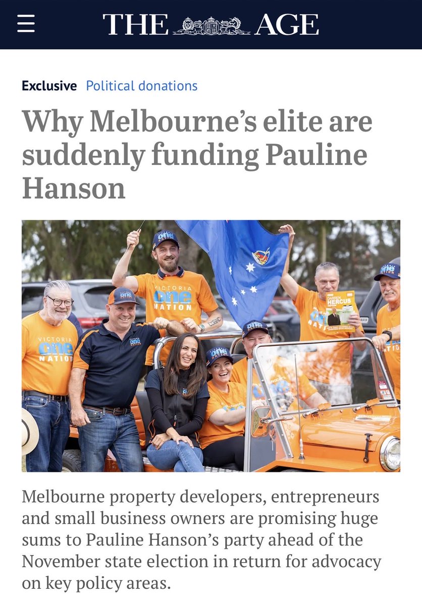 Melbourne_says's tweet photo. Pauline Hanson’s One Nation is taking money from property developers seeking profits and businesses pushing to end Victoria’s wfh laws.

So much for being the party of the battlers.

In Victoria, One Nation is backing the wealthy. 👇🏼 https://t.co/fAhnumfTji