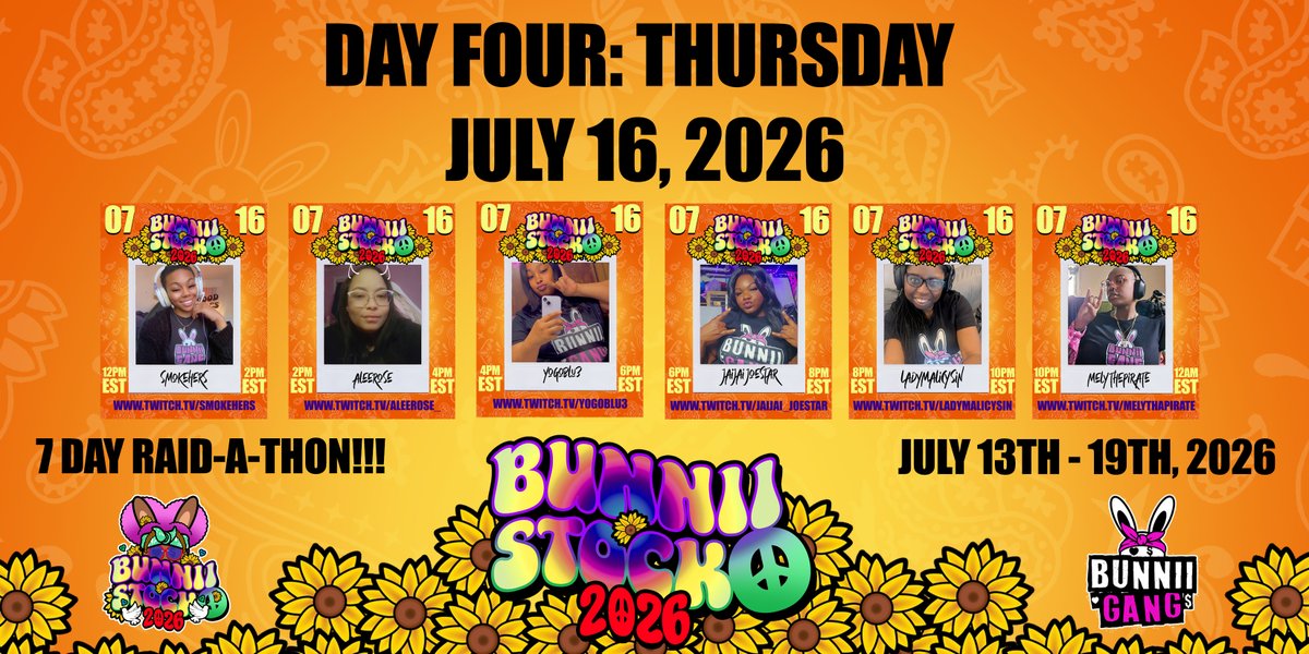 bunniigang's tweet photo. HEY GANG!!! CHECK OUT #BUNNIISTOCK2026 DAY FOUR LINE-UP!!! BE SURE TO FOLLOW THE BUNNIIS!!! @smoke_hers @aleerose57 @Yogoblu3 @JaiJai_joestar @ladymalicysin @Mely_Tha_Pirate #BUNNIIGANG #HOPWITUS https://t.co/yoFPNBU2Mk