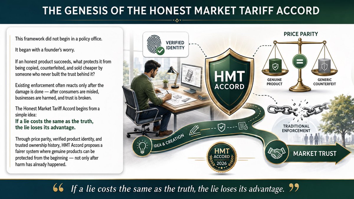 ToAnKymle's tweet photo. After some time away, I’m sharing a project I have been developing: the Honest Market Tariff Accord — HMT Accord 2026.

It began with a founder’s question:

If a lie costs the same as the truth, can counterfeit still win?

#HMTAccord #MarketTrust #CounterfeitPrevention https://t.co/x1lkyC3hjK