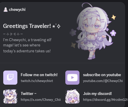 Chewy_Chii's tweet photo. I finally set up my Discord profile widget! I'd love to see what everyone else came up with, especially fellow VTubers! Drop yours below! https://t.co/6KigbA970L