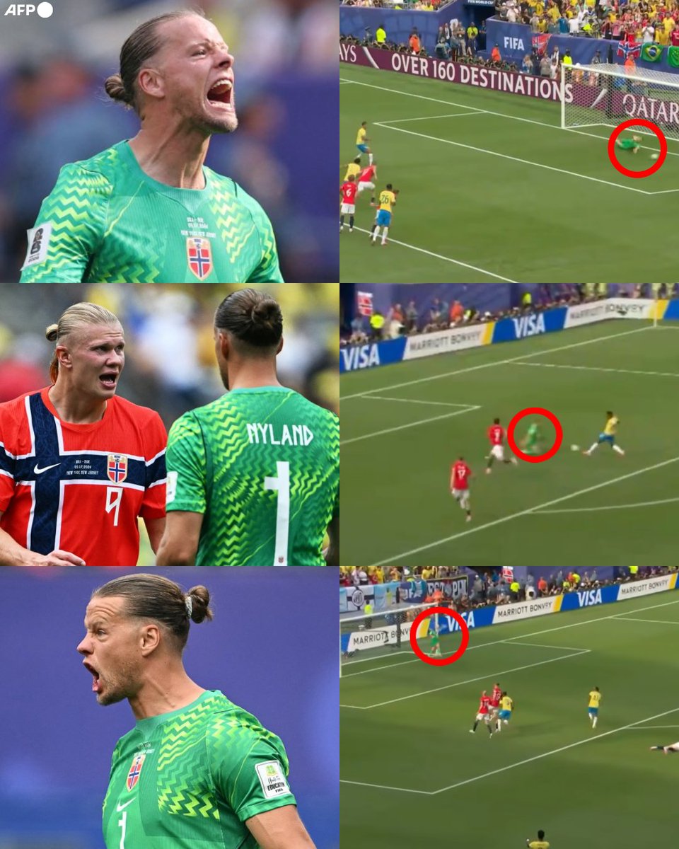 InvictosSomos's tweet photo. Es normal y entendible que las portadas sean acaparadas por Erling Haaland, pero la HAZAÑA LEGENDARIA de Noruega ante Brasil no podría explicarse sin la histórica actuación Orjan Nyland. El portero noruego fue quien sostuvo el sueño durante el partido. El penal atajado a Bruno Guimaraes, el achique a Endrick y el autogol que evitó de forma heroica en el tramo final. 

Y pensar que muchos creían que no era buena idea mantenerlo como titular porque venía de una temporada en la que solo jugó ¡¡7 PARTIDOS!! con el Sevilla. Y pensar que muchos en Noruega querían que Nikita Haikin, guardameta ruso del Bodo/Glimt, completara el cambio de selección ante la FIFA para que pudiera jugar en lugar de Nyland. 

De ser cuestionado y criticado, a entregar el mejor partido de su vida ante Brasil en una Copa del Mundo. Qué historias nos regala la pelota. 

EL HÉROE INESPERADO.