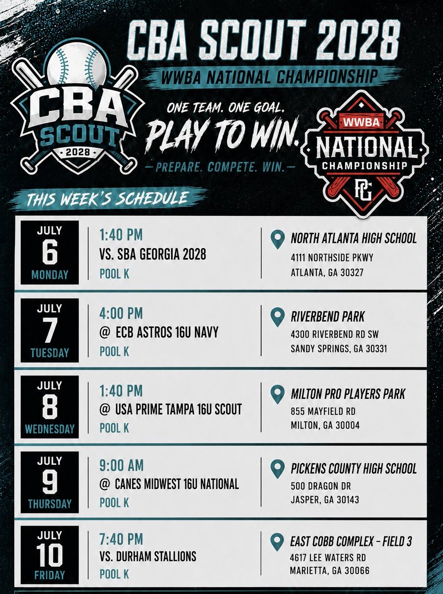 Tuckerwingard23's tweet photo. Here’s my schedule for the PG WWBA National Championship this week. I’ll be wearing #23 and playing MIF and pitching. Looking forward to getting after it with my team this week. ⚾️💪

@cltbsblacademy @PG_Scouting @PerfectGameUSA @PG_Tourney @rlrichar6 @ParkwoodBB @HallHitters https://t.co/2Zq5pkafvu