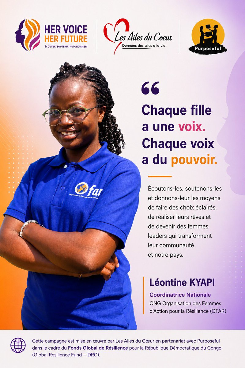 onglact's tweet photo. L'OFAR rejoint Les Ailes du Cœur et Purposeful pour porter la campagne #HerVoiceHerFuture.

Chaque fille a une voix. Donnons-lui les moyens de transformer son avenir.

💜 #GlobalResilienceFund #AutonomisationDesFilles #RDC #Ofar https://t.co/UboXjWhXh9