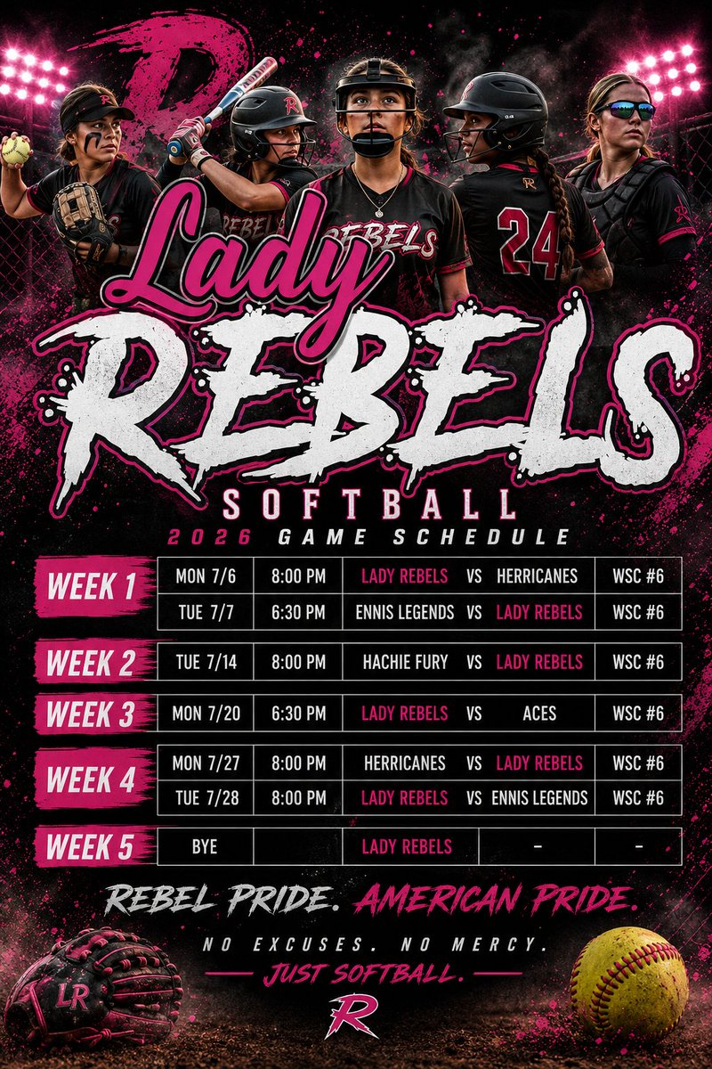 RebelsBBSB's tweet photo. 12U (2032's) Lady Rebels Summer Schedule
#Softball #SummerBall https://t.co/54QjTmcY3l