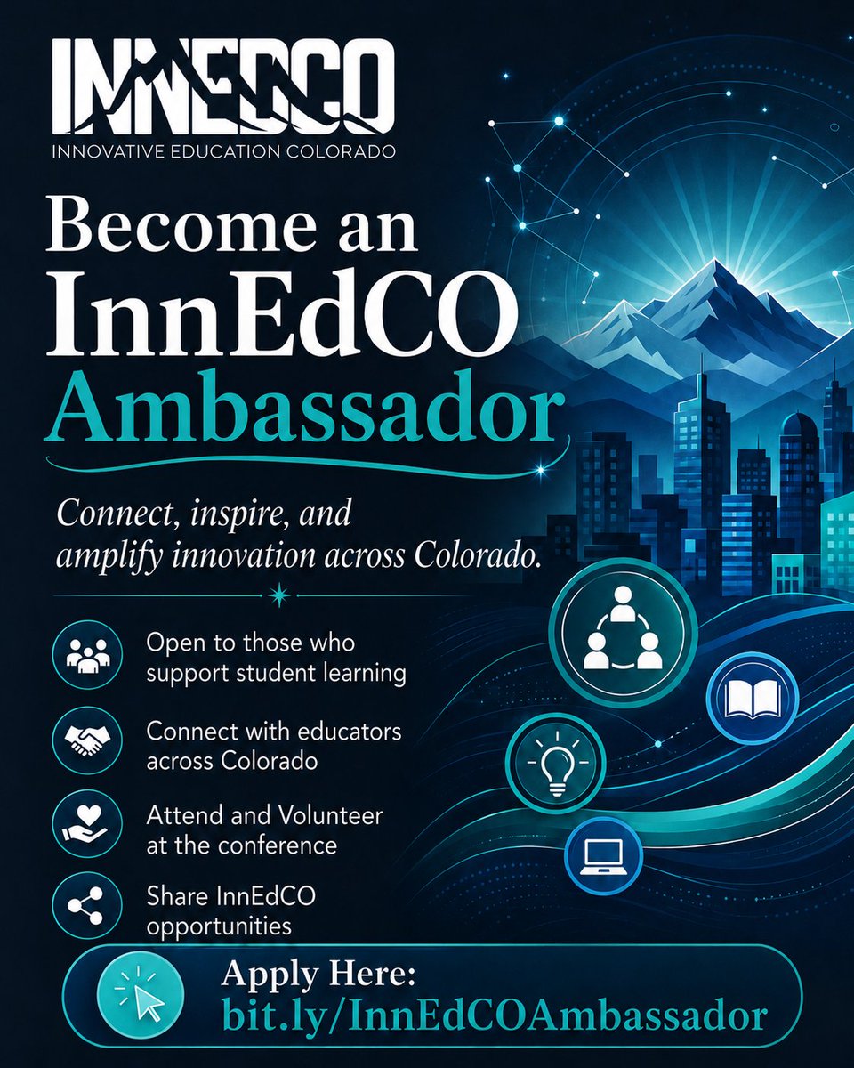 InnEdCO's tweet photo. Become an InnEdCO Ambassador! Join educators sharing innovation and collaboration beyond the conference. Apply now: https://t.co/BAi8A4mB2r 💛 #InnEdCO #EdTech #ColoradoEducators #TeacherLeadership #EducatorCommunity https://t.co/lYv9mazORT