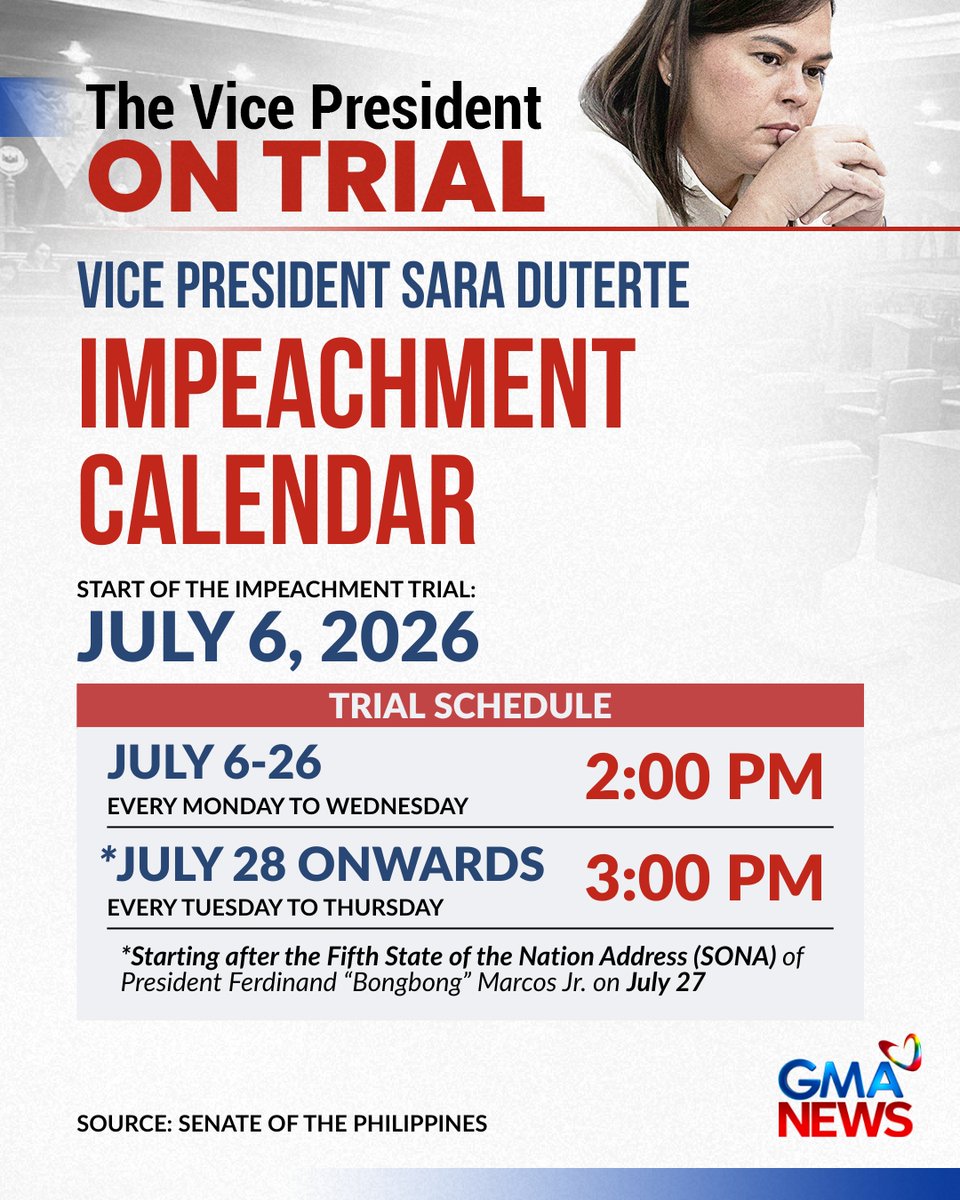 gmanews's tweet photo. IMPEACHMENT CALENDAR OF VICE PRESIDENT SARA DUTERTE

Starting today at 2:00 PM, Vice President Sara Duterte will face the Senate impeachment court.

Under the approved 92-day trial period, the impeachment court allotted 62 trial days for the prosecution to present its case and 30 trial days for the defense. 

Here are key dates to remember.

Visit https://t.co/KqDTBMbm15 for more updates.
