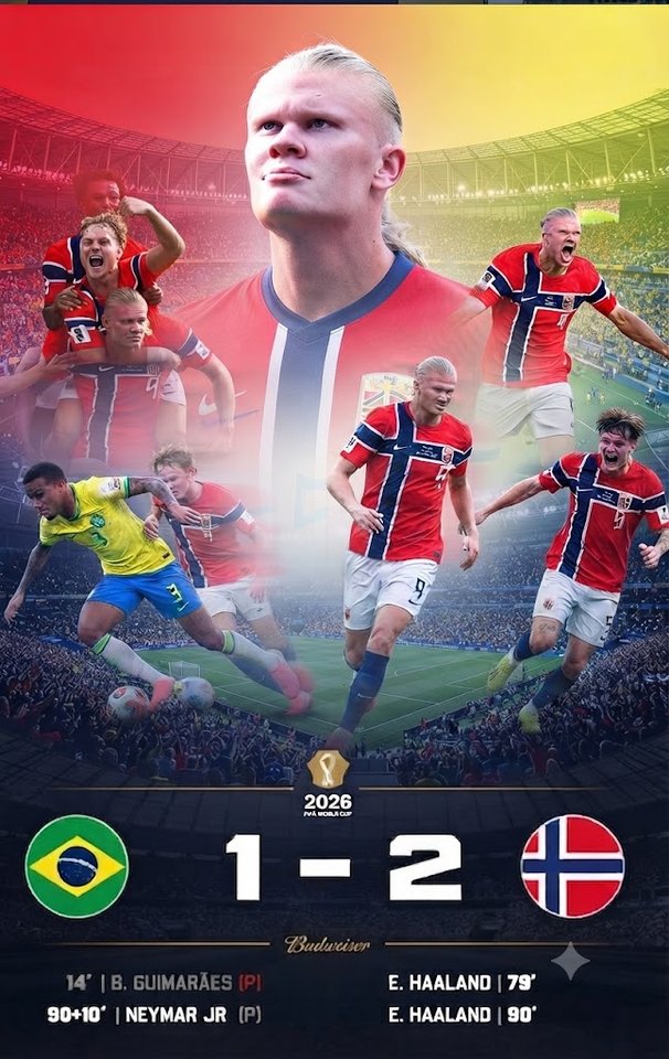 FootballFeedHub's tweet photo. NORWAY STUNS BRAZIL! 🇳🇴🔥 A historic #WorldCup2026 comeback as Haaland's late brace seals the Quarter-Final spot! ⚽️😱

Who’s your MOTM? 👇 1️⃣ Haaland 2️⃣ Norway’s resilience
Follow @footballfeedhub for more updates! 🏆 #Haaland #Norway https://t.co/EGQgsh2gcg