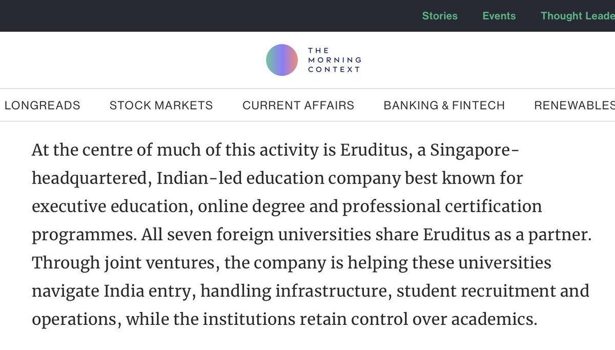 akm1410's tweet photo. The idea of foreign universities in India is great on paper. The best universities in the world set up campus along with a local partner and students get world class education at 1/4th the cost of going abroad.

If only. Eruditus should make money but outcome remains tough. https://t.co/Eo0TlkppuU