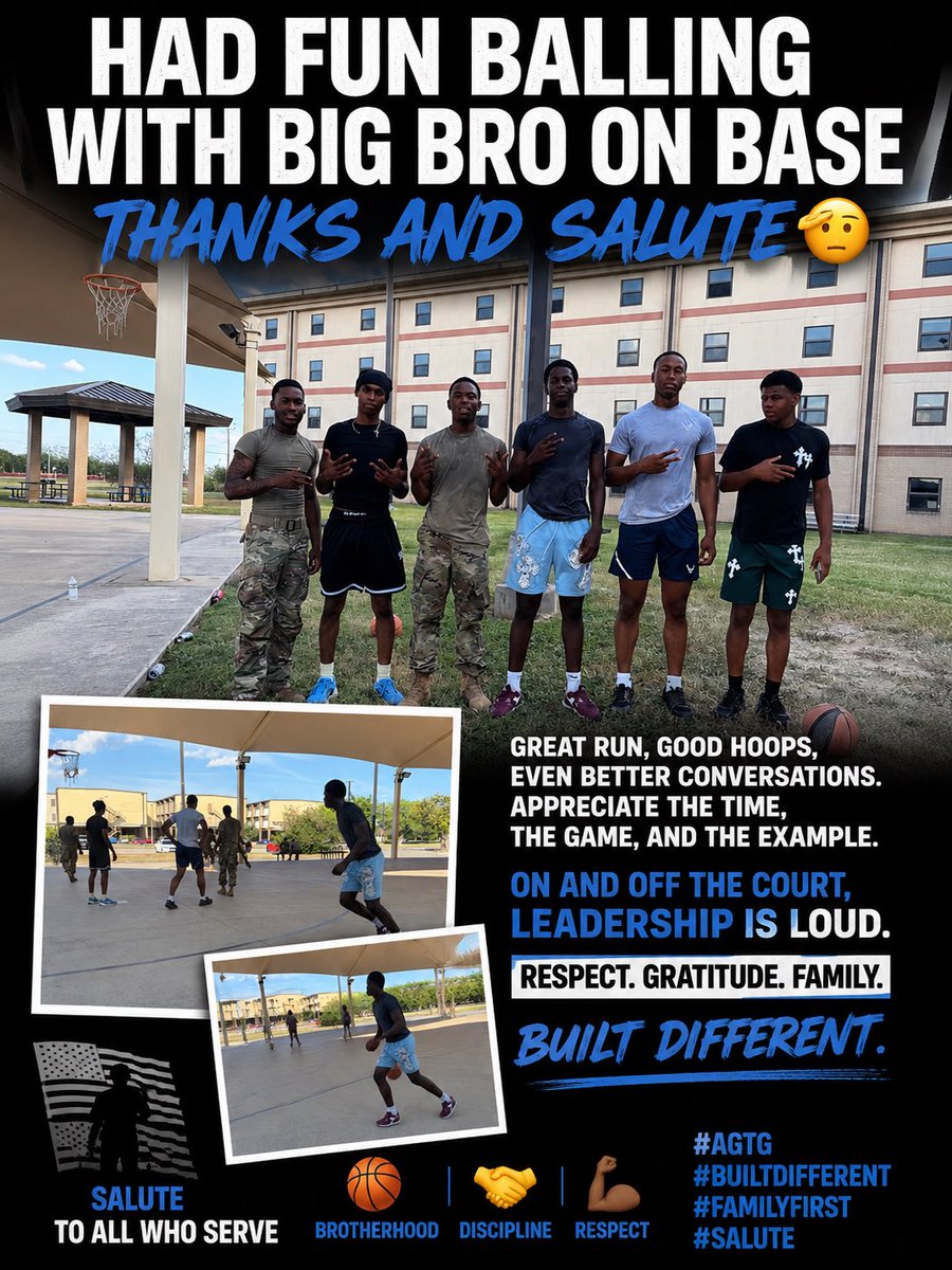 HardenTrendon's tweet photo. Had a great time balling with my big bro on base today. 🏀🇺🇸 Nothing beats competing with family. Proud of the man you’ve become and thankful for your service. Keep making us proud. Love you, bro. Salute! 🇺🇸🙏

#Brotherhood #FamilyFirst #MilitaryStrong #Basketball #AGTG #Salute https://t.co/d7dgYIiTA9
