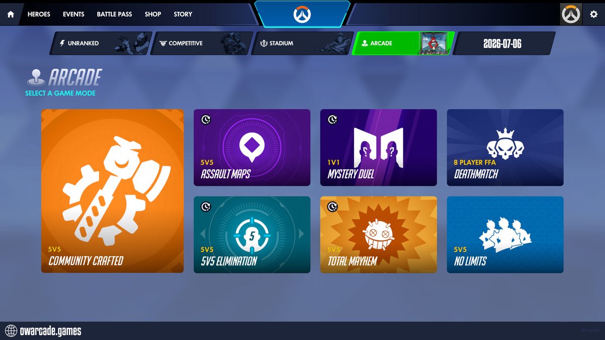 owarcadegames's tweet photo. Today in Overwatch Arcade - 2026-07-06

⭐ COMMUNITY CRAFTED
ASSAULT MAPS / 5V5 ELIMINATION
MYSTERY DUEL / TOTAL MAYHEM
DEATHMATCH / NO LIMITS

#overwatch #overwatcharcade #totalmayhem https://t.co/ysrc9YtenQ