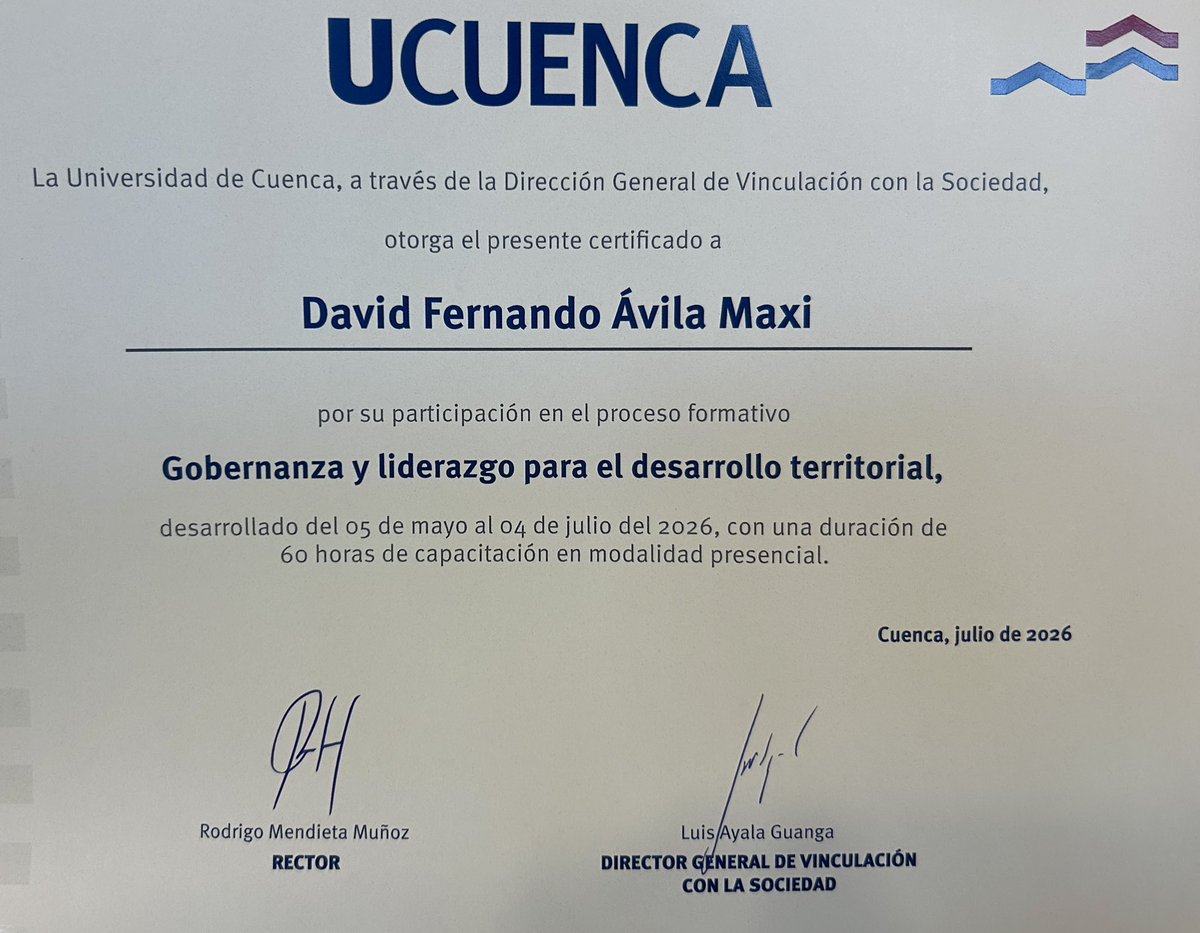 DavidAvilaMaxi9's tweet photo. Culmino con satisfacción el proceso formativo “Gobernanza y liderazgo para el desarrollo territorial” de la @udecuenca y @SociedadUcuenca Seguimos sumando conocimientos desde la investigación y gestión pública al desarrollo de nuestros territorios. #Gobernanza #Liderazgo https://t.co/HhDiljp0k5