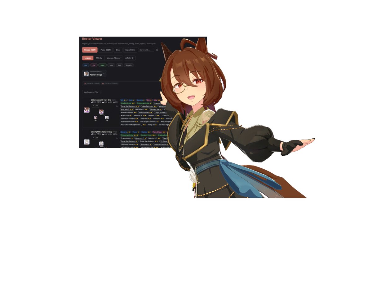 umadotguide's tweet photo. We have an exciting update to announce! The roster viewer at UmaGuide has been improved for all your parenting needs.

We have added the affinity tree in the search, updated filter/group search, and added spark odds. Check it out down in the replies. https://t.co/miXgrYp7QC