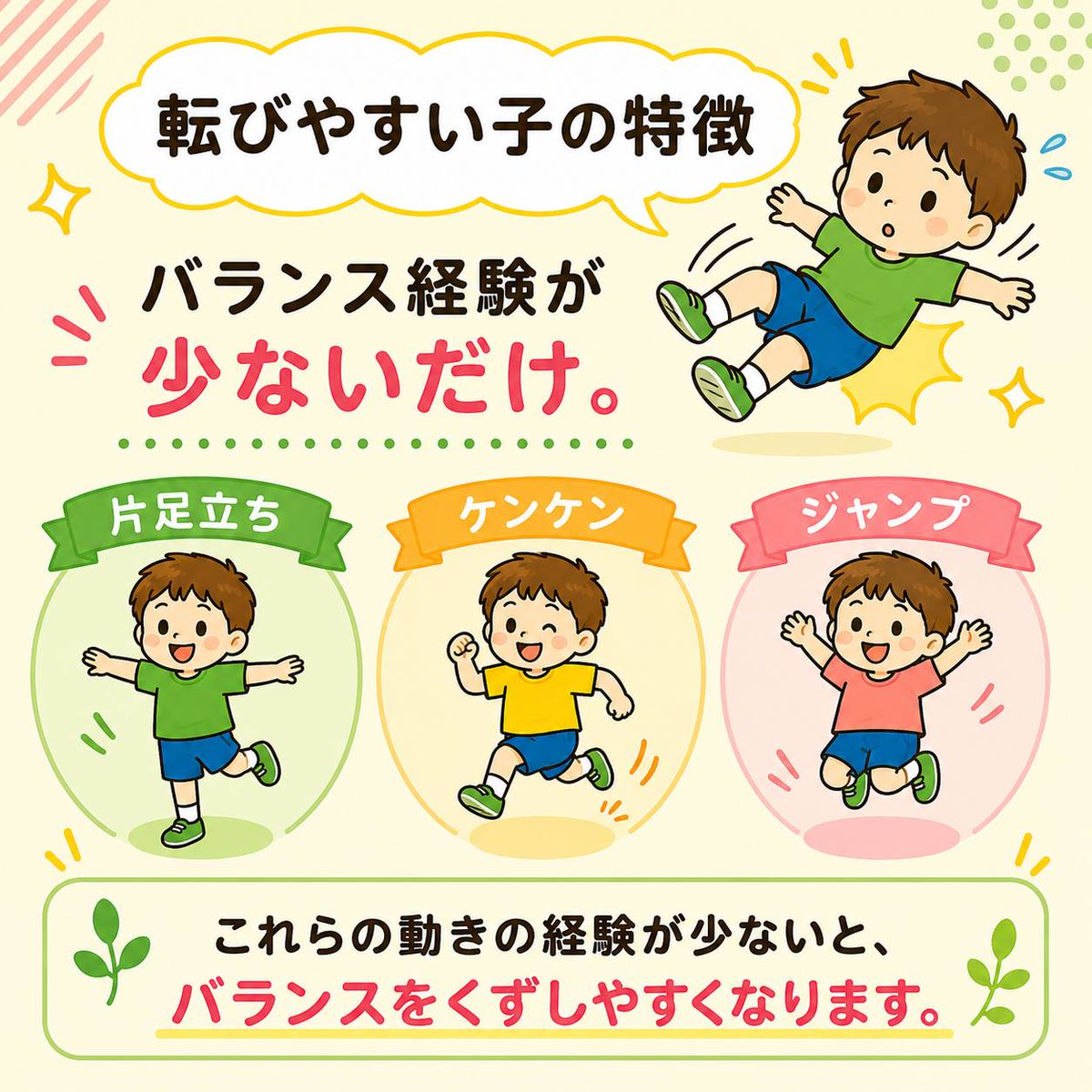 aGthxZz5NH44446's tweet photo. 「うちの子、よく転ぶ…」
そんな心配はありませんか?
それって🤸運動神経ではなく
"経験"が関係していることも😊
今日から親子で30秒♪
⭐片足立ち
⭐ケンケン
⭐ジャンプ
遊びながら体を育てよう🌳
#年長
#小学校準備
#COCOCARA https://t.co/ujaABO7Xaf