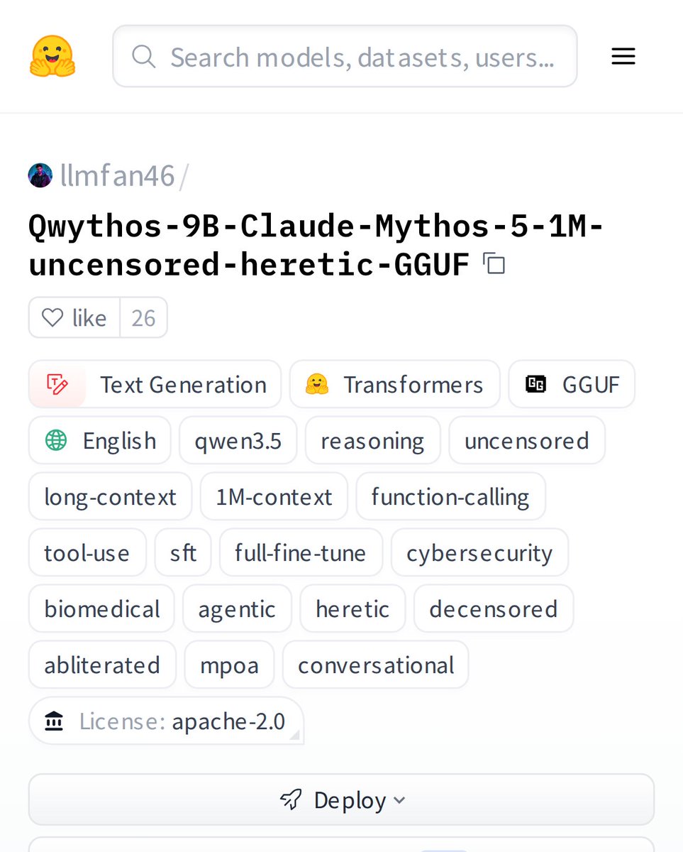HuggingModels's tweet photo. Meet Qwythos 9B, a model that pushes boundaries with 1M context and uncensored reasoning. Built on Qwen3.5, it's designed for deep, unfiltered conversations and complex tool use. The community is buzzing for a reason. https://t.co/O5RMctgowa