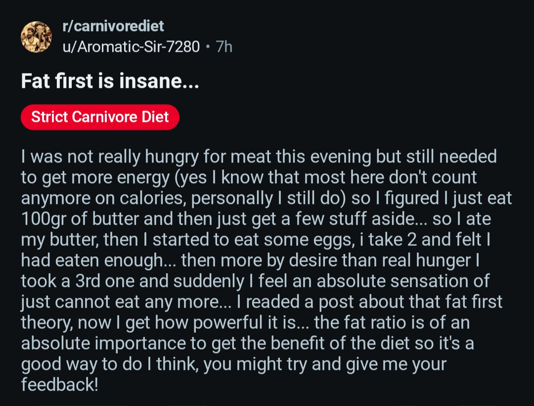 KetoCarnivore's tweet photo. Someone just discovered the fat-first satiation forcefield. Haha 

cf. https://t.co/cHKEZ5qJ7i https://t.co/Sarzq6FKFO